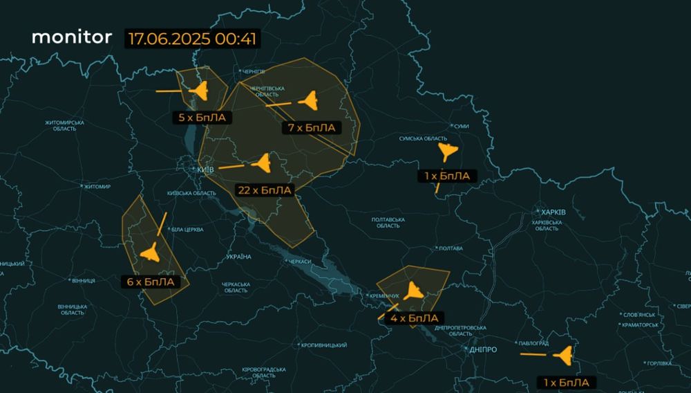 Carte réalisée par le compte Telegram monitor montrant les positions des drones à 00h41