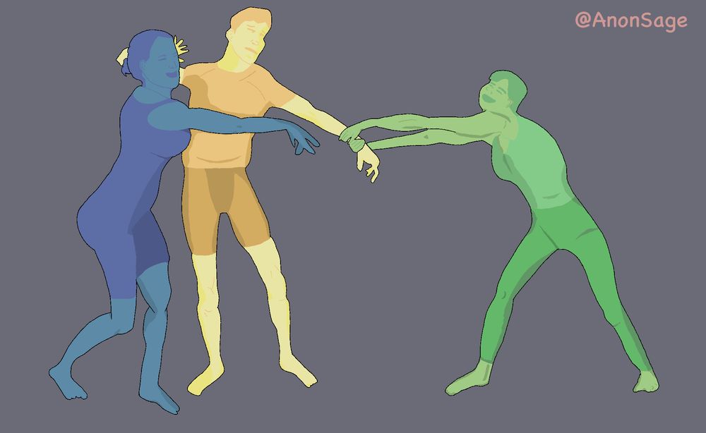 Digital art of 3 monochrome characters. One yellow man in the middle is pushing off a blue woman to his left and being pulled by a green woman to his right.