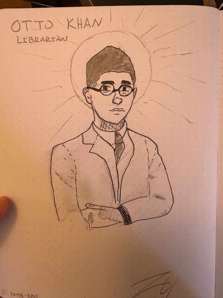 A sketch labeled Otto Khan. It is a drawing of a middle aged asian man wearing a suit. He has burns on his hand. 