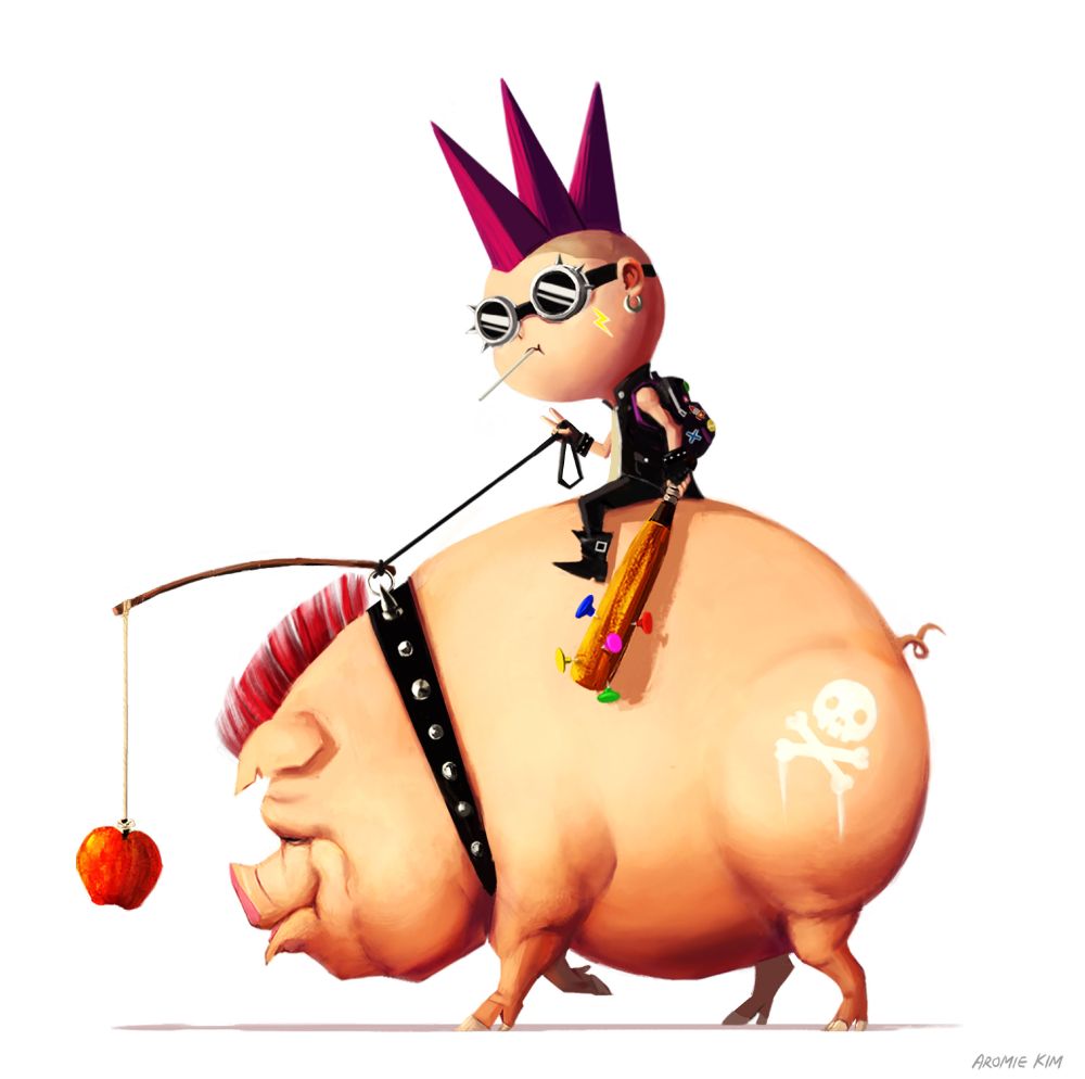 A boy with a purple mohawk and punk clothes holds a small bat decorated with thumbtacks. He sits on top of a big pig, who also has a mohawk, a spiked collar and a painted skull brand on its leg. On the collar is a stick on which an apple hangs in front of the pig's nose.