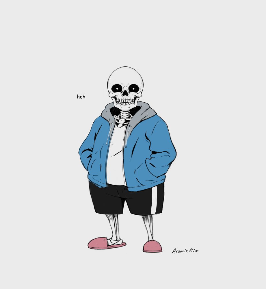 A drawing of Sans from the video game Undertale. A skeleton with a grinning face, dressed in a blue hoodie, white shirt, black shorts and pink slippers. The word "heh" is written next to him