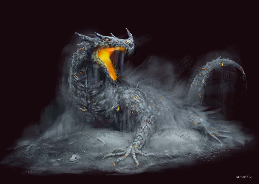 A bluish-gray dragonoid creature made of ash. Embers burn within its body and its open mouth. It sits upon a pile of reptilian remains, ash and bones