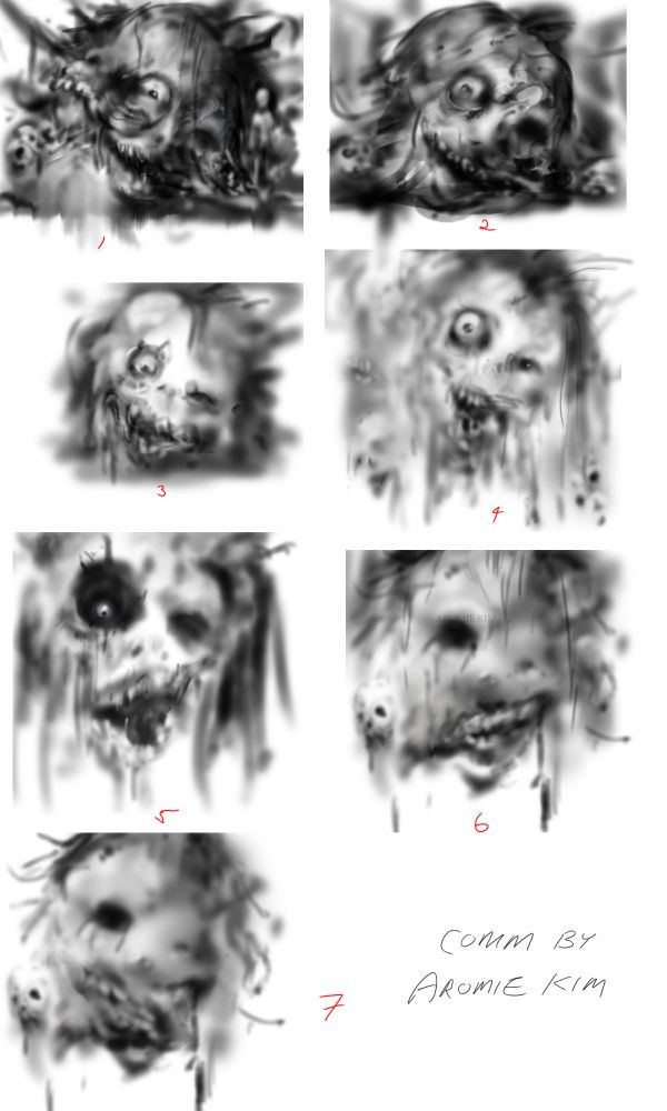 A series of rough black and white sketches of a grotesque humanoid face that appears to be melting