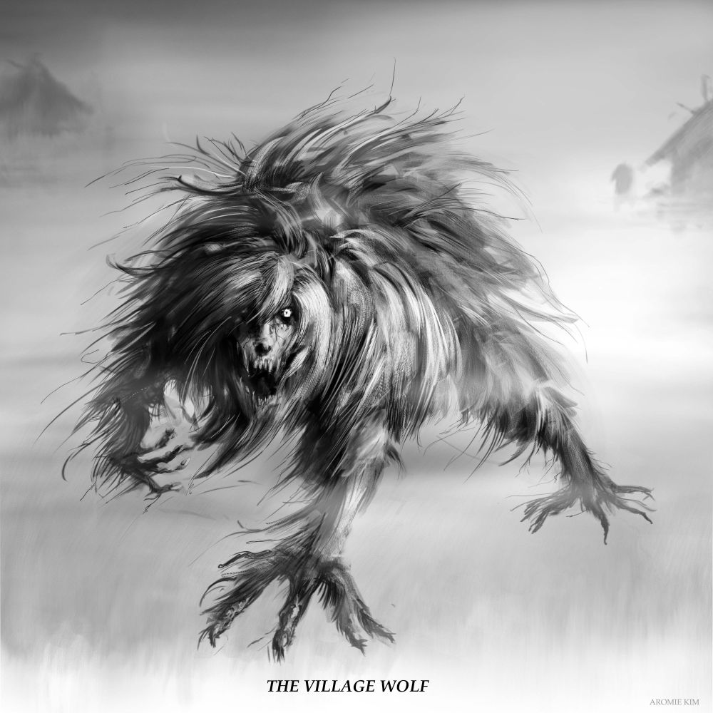 A black and white sketch of the Varcolac, a werewolf-like creature from the Resident Evil game series. A hairy, crouched humanoid with a face like a wolf's skull stares at the viewer