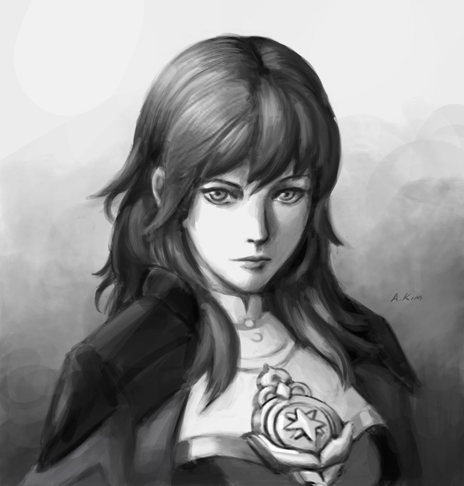 A rough portrait of Byleth Eisner from the Fire Emblem: 3 Houses video game. A young woman with shaggy shoulder-length hair and wearing armor stares solemnly