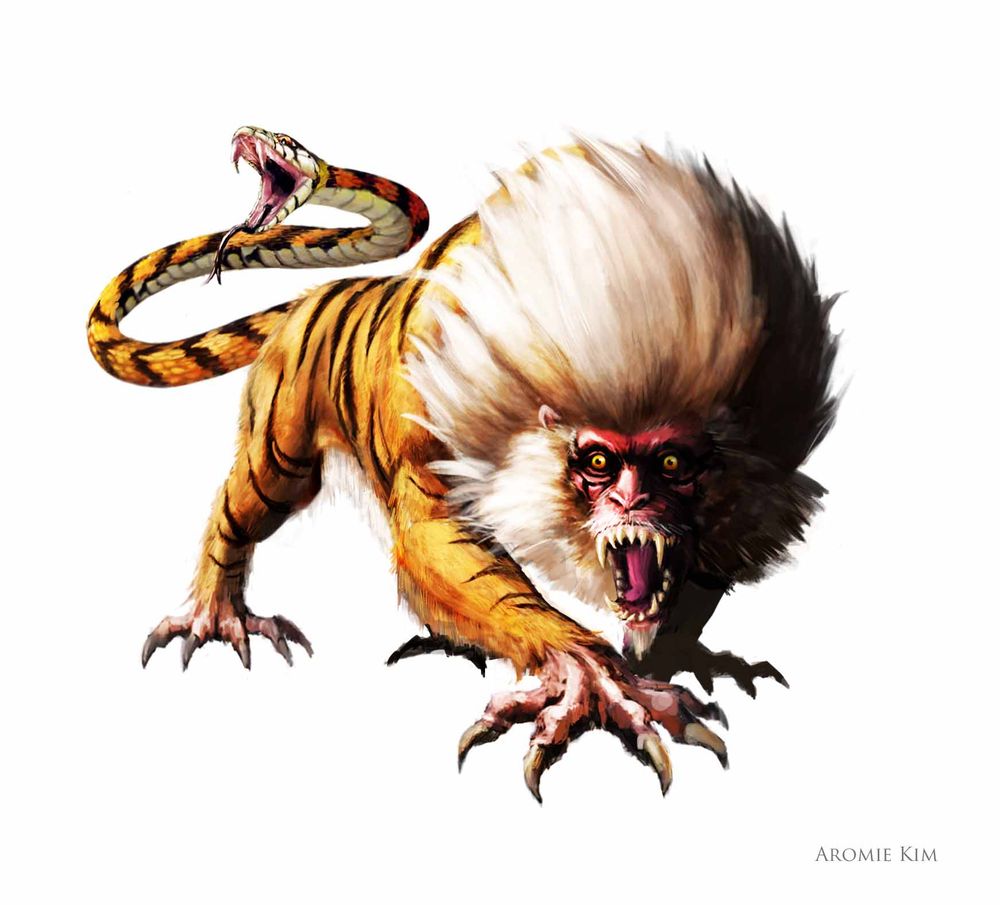 Illustration of the Nue, a Japanese mythical chimera creature. A quadrupedal creature with the body of a tiger, head of a monkey and tail of a snake.