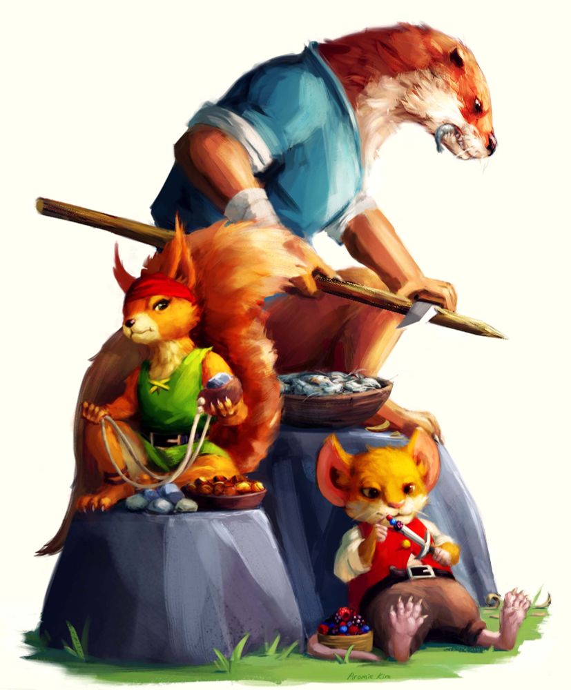An anthropomorphic otter, squirrel and mouse dressed in medieval-style clothing sit among rocks. Each one checks a weapon - a javelin for the otter, a sling and stones for the squirrel, and a dagger for the mouse. Next to each one is a bowl of food: shrimps for the otter, nuts for the squirrel, and berries for the mouse.