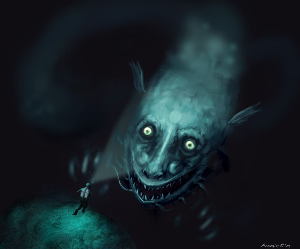 An illustration of a scuba diver within dark underwater depths, shining a dim light upon a monstrous aquatic creature with a vaguely humanoid face, a maw full of sharp teeth and hands.