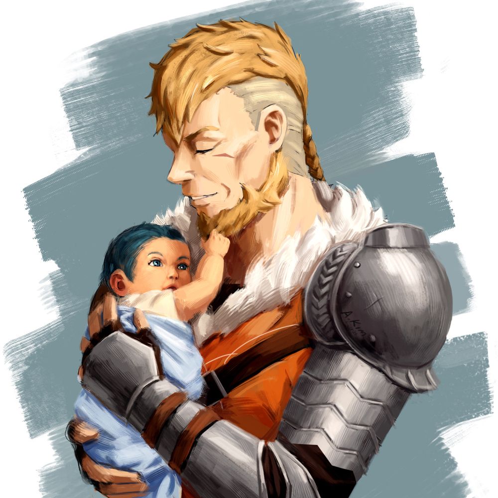 Fan art of Fire Emblem: Three Houses. Jeralt Eisner, a grizzled man dressed in mercenary clothes and armor, tenderly holds a baby with blue hair (Byleth), who is gently tugging on his beard