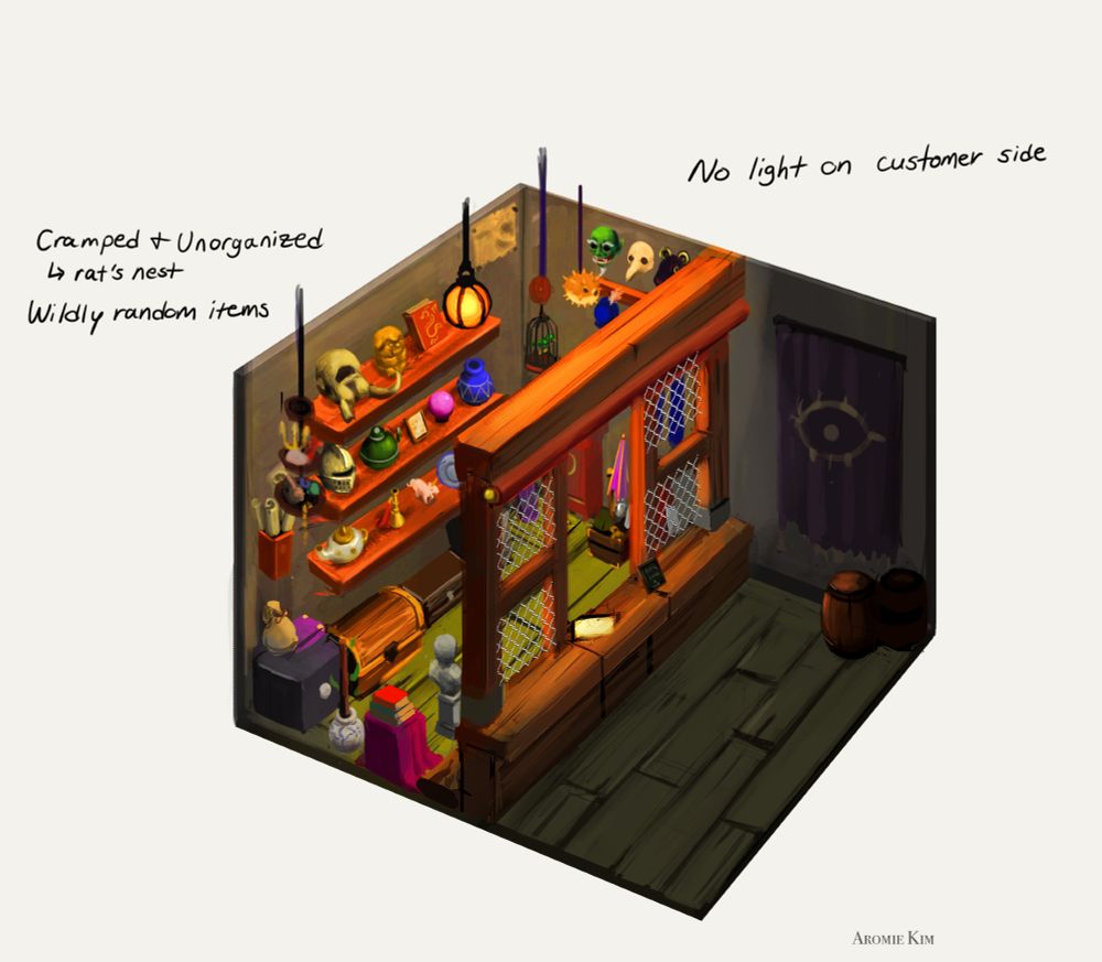 A top-down illustration of a dingy barterer stall with a wired wooden barrier. Weird, antique trinkets line the walls