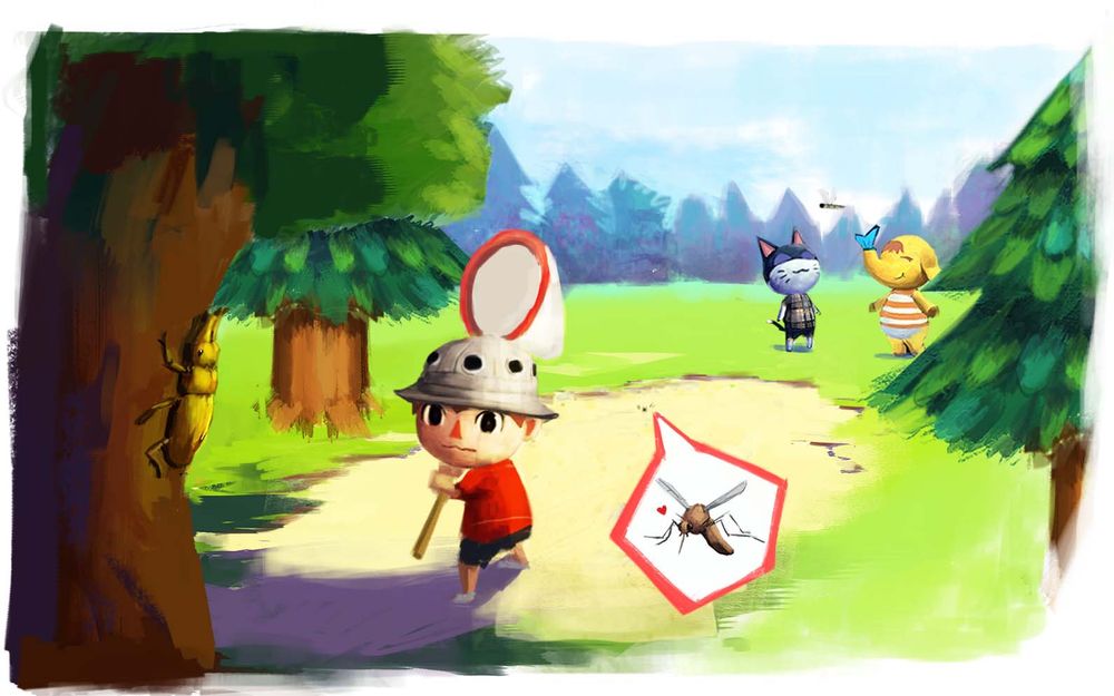 Fan art illustration of the Animal Crossing video game. In a woodsy area, a human character in a red shirt and outdoors hat wields a net, approaching a tree that has a gold-colored beetle on it. Behind him is a tiny dot, a mosquito waiting to bite. In the background are anthropomorphic animals: a blue/white cat and a yellow elephant, enjoying the sight of a dragonfly and butterfly