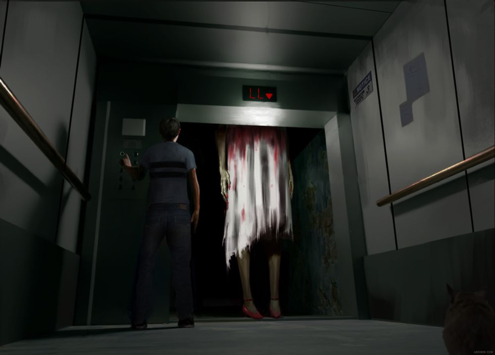 In a dim elevator, a man stands near the buttons. The elevator floor/level light reads "LL." At the open elevator doors stands a grotesque tall woman (?) with unnaturally-hued skin, wearing a blood-stained white dress and red shoes. Hidden in the rightside corner is a small rodent, who is staring at the being.