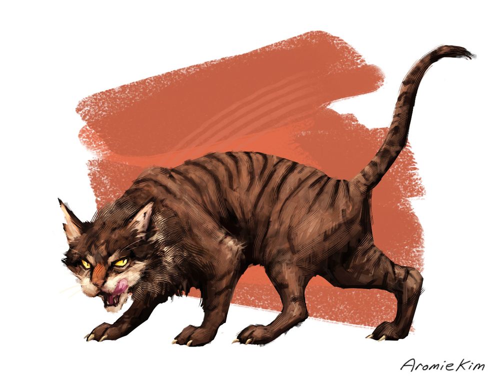 Fan art of Tigerclaw, a character from the Warrior cats book series by Erin Hunter. A painting of a dark brown tabby cat with a somewhat ragged pelt, hunched over and licking his lips. He has an aggressive look in his eyes.