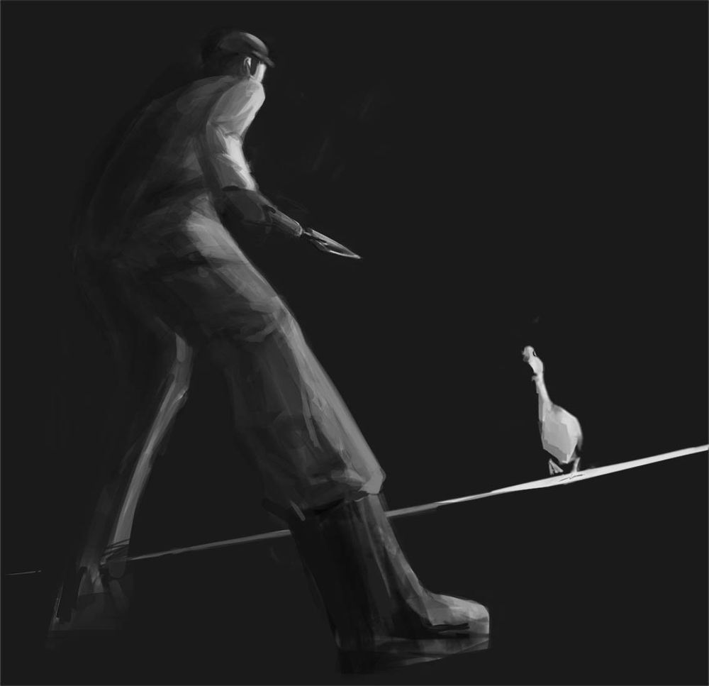 A rough drawing of a man in farmer clothes holding a garden spade, staring down a goose that approaches him from the shadows