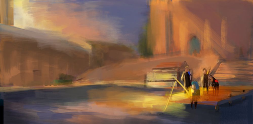 Fan art of Fire Emblem: 3 Houses. In a dawn-lit setting, a figure with blue hair sits at a pier fishing at a pond. Behind her are three individuals clad in blue, yellow and red respectively.