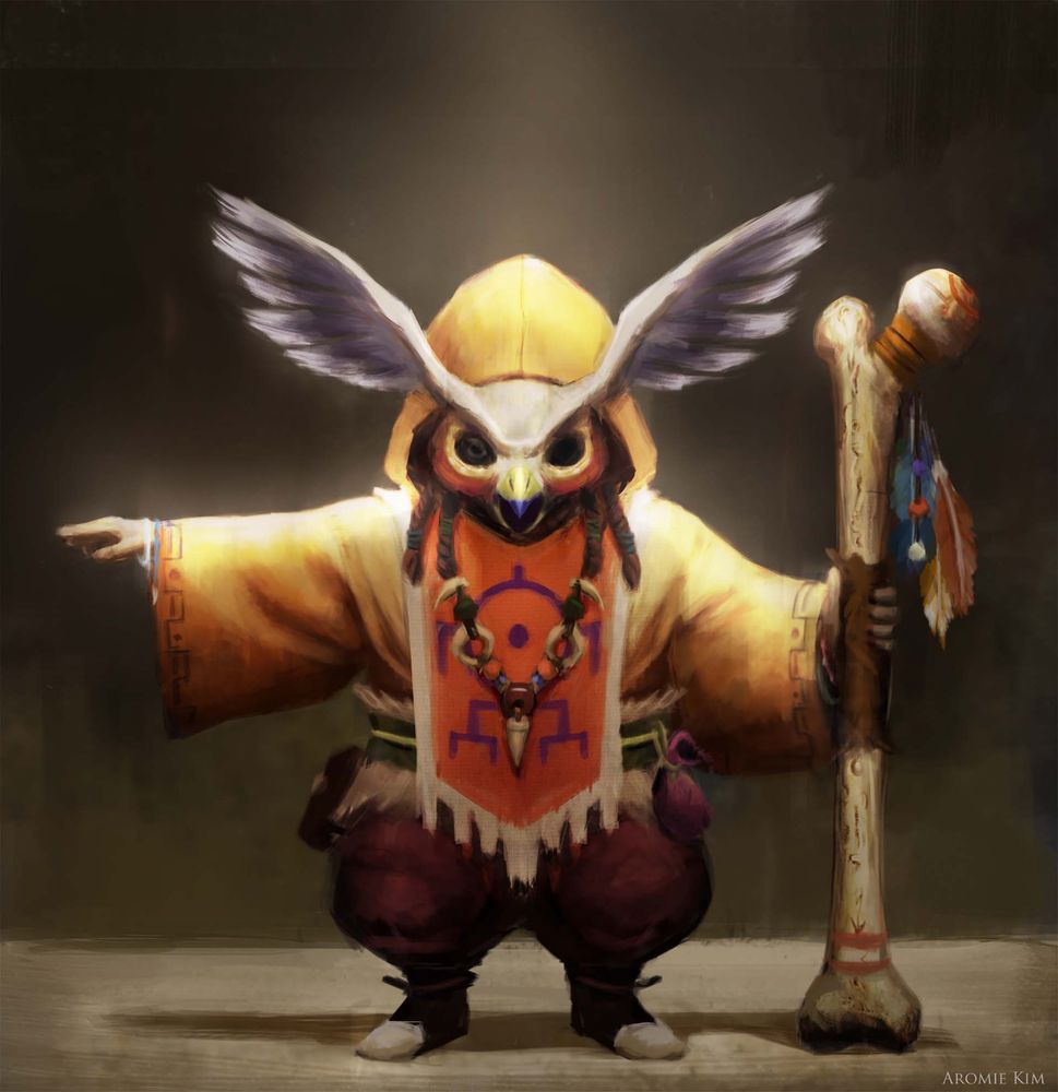 A small humanoid character dressed in tribal garb and wearing an owl mask. In one hand, it holds a large decorated bone. The other arm is held outstretched to the side.