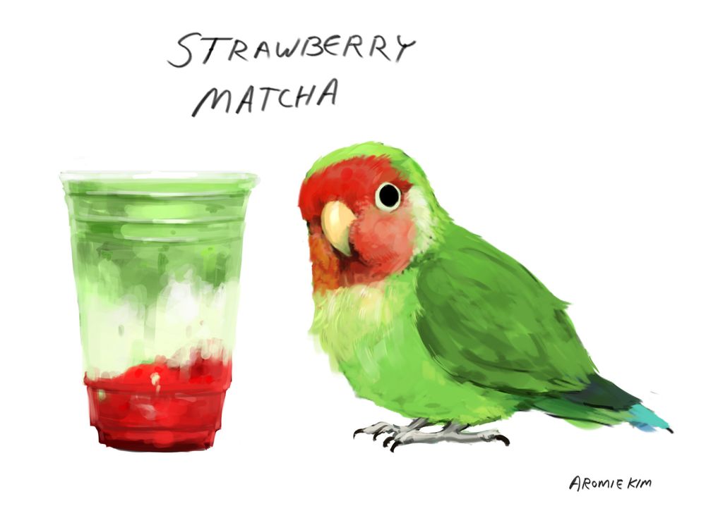A rough painting of a cup of strawberry matcha latte, with a lovebird of similar coloration besides it. Both are made of hues of green and red.