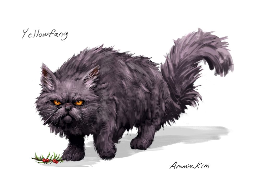 Fan art of Yellowfang, a character from the Warrior cats book series by Erin Hunter. A disheveled dark gray cat with matted fur stares crossly at the viewer with orange eyes. One of her paws is on top a sprig of yew berries