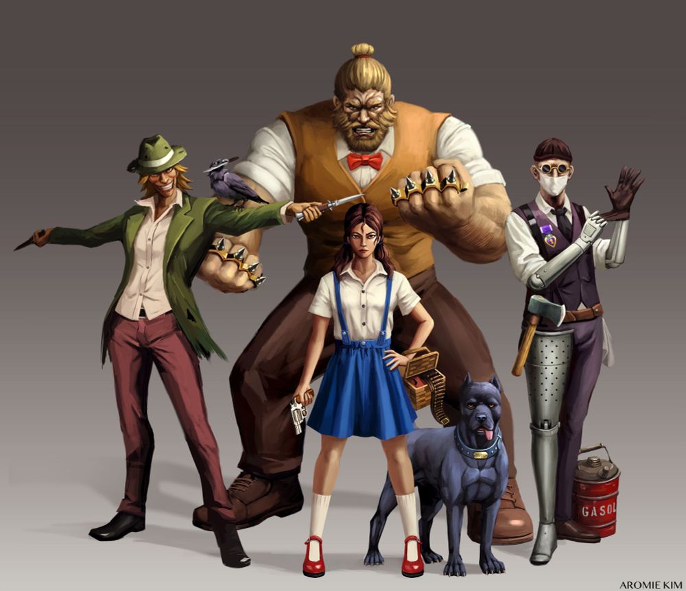 Reimagined concepts of the Wizard of Oz characters. Five characters are shown. In the middle is a young girl wearing a white button-up and a blue suspender skirt, holding a gun in one hand and a basket of ammo in the other. Next to her is a Cane Corso dog with a collar that says "Toto." To the left is a tall, knife-wielding man dressed in a ragged, bullet-worn suit and fedora, a crow with a knife in its beak sitting on his shoulder. To the right is a man dressed smartly in a vest and mask, with prosthetic arms and one prosthetic leg, an axe on his belt and a can of gasoline beside him. In the back is a huge male brute in a vest with a bearded face and top-knot, wearing knuckle rings on his fists.