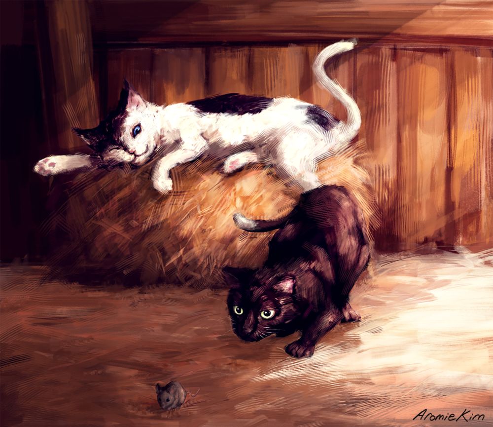 Fan art of Ravenpaw and Barley from the Warriors book series by Erin Hunter. In a sunlit barn, a black cat stalks a mouse. Behind him, laying on a bale of hay, is a white and black cat watching with interest.