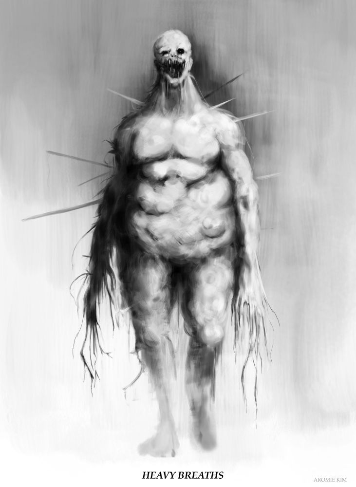 Black and white drawing of a Regenerador, an enemy monster from the Resident Evil 4 video game. A bulky, pale humanoid with a ghastly grinning face and long arms with tendrils coming out from the ends.