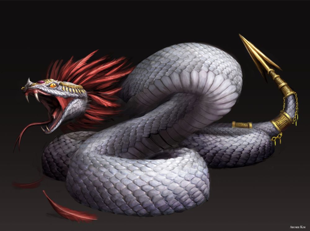 A massive, hissing pale snake adorned in gaudy golden jewelry on its tail and head. Red feathers decorate its neck