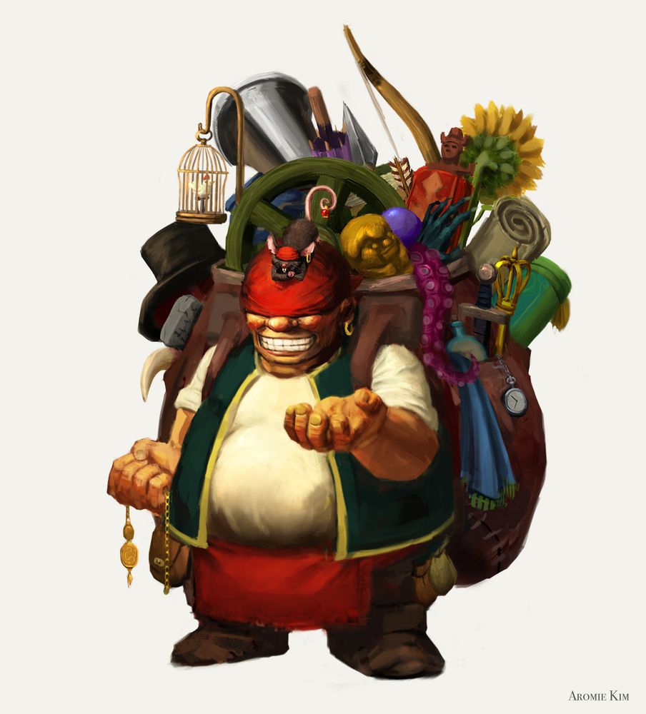 The Barterer - a character concept. A very short, squat, blindfolded man wears a giant backpack filled with the most random things. On his head is a blindfolded rat that looks oddly similar to him. In one palm the man clutches a piece of jewelry, his other hand is held out open.