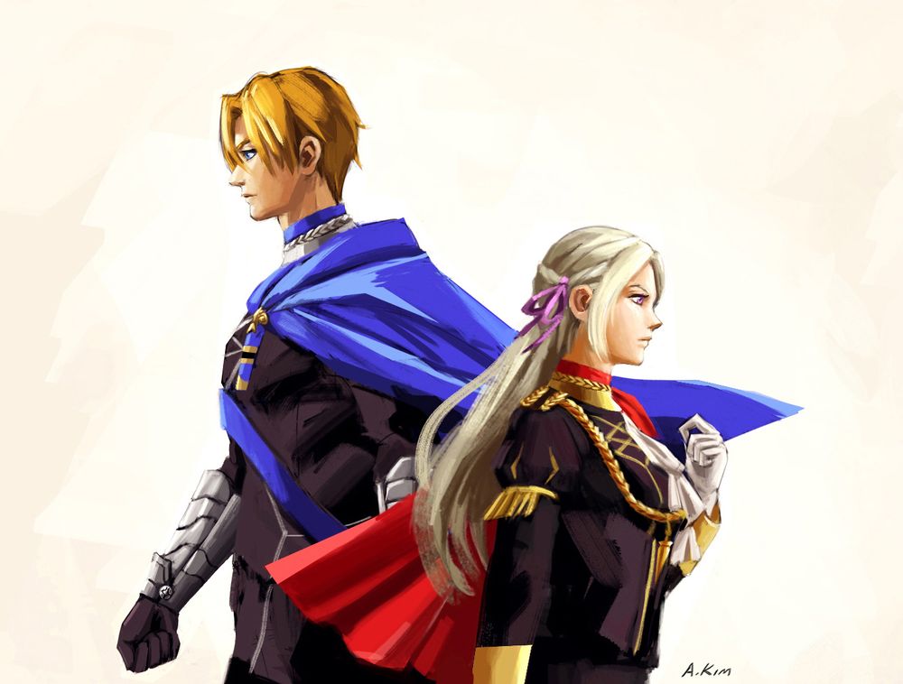 Fan art of Dimitri and Edelgard from the Fire Emblem: 3 Houses video game. A young man with blonde hair, blue cape and black uniform walks to the left. A young woman with pale hair, red cape and black uniform walks to the right.