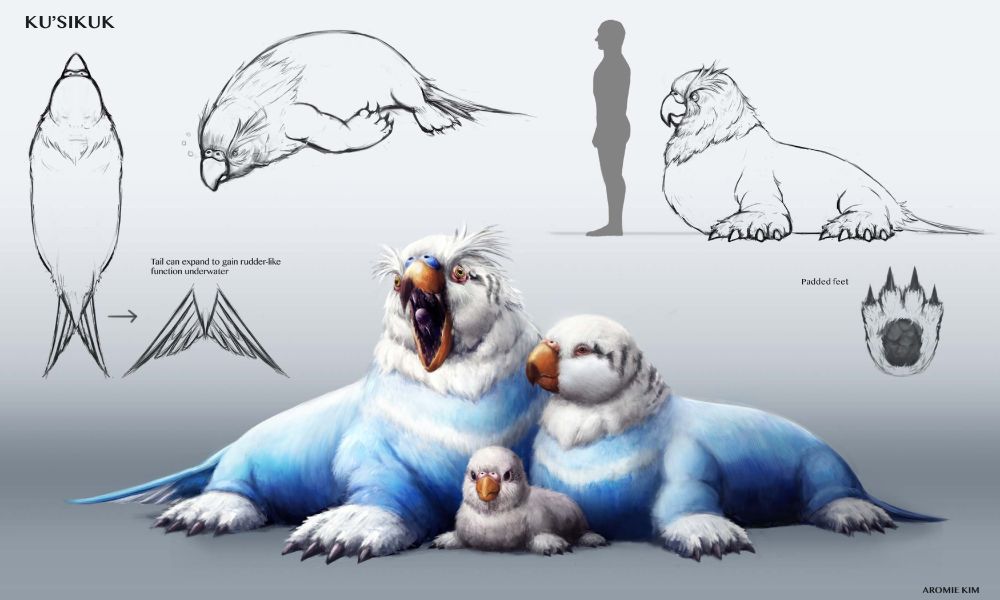 A fantastical creature that appears to be a mix of a walrus and parakeet. Three are depicted: one large male, one female and one infant. The male and female have blue and white feathered, walrus-like bodies. Other sketches showing details of the creature are also depicted.