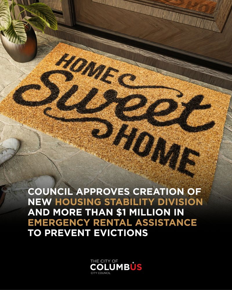 A photo of a Home Sweet Home doormat with the caption: Council Approves Creation of New Housing Stability Division and more than $1 Million in Emergency Rental Assistance to Prevent Evictions.