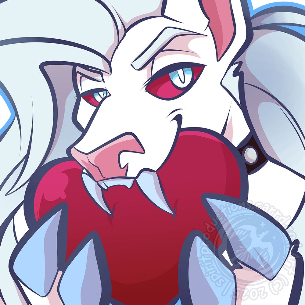 A deer-like monster smirks as he bites into a red candy heart, the heart squeezing as if about to burst. His red eyes are focused on the camera, as if looking at the viewer.