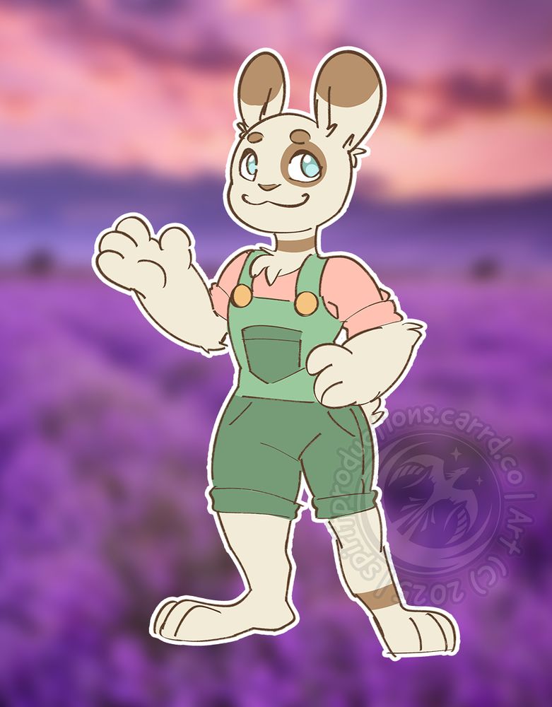 A dwarf rabbit fusona with off-white fur, caramel colored markings on the ears, eyes, throat, and leg. They wear a pink shirt and green overalls with golden buttons, standing in front of a blurred background of a lavender field at sunset.