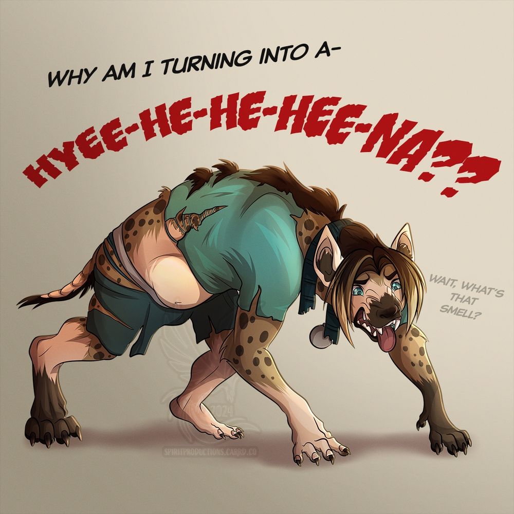A man crouches on all fours as his hands and feet stretch into paws, his tongue sticking out as his face stretches into a muzzle. He appears to be giving a disgusted look as he transforms into a hyena, making note of a smell.