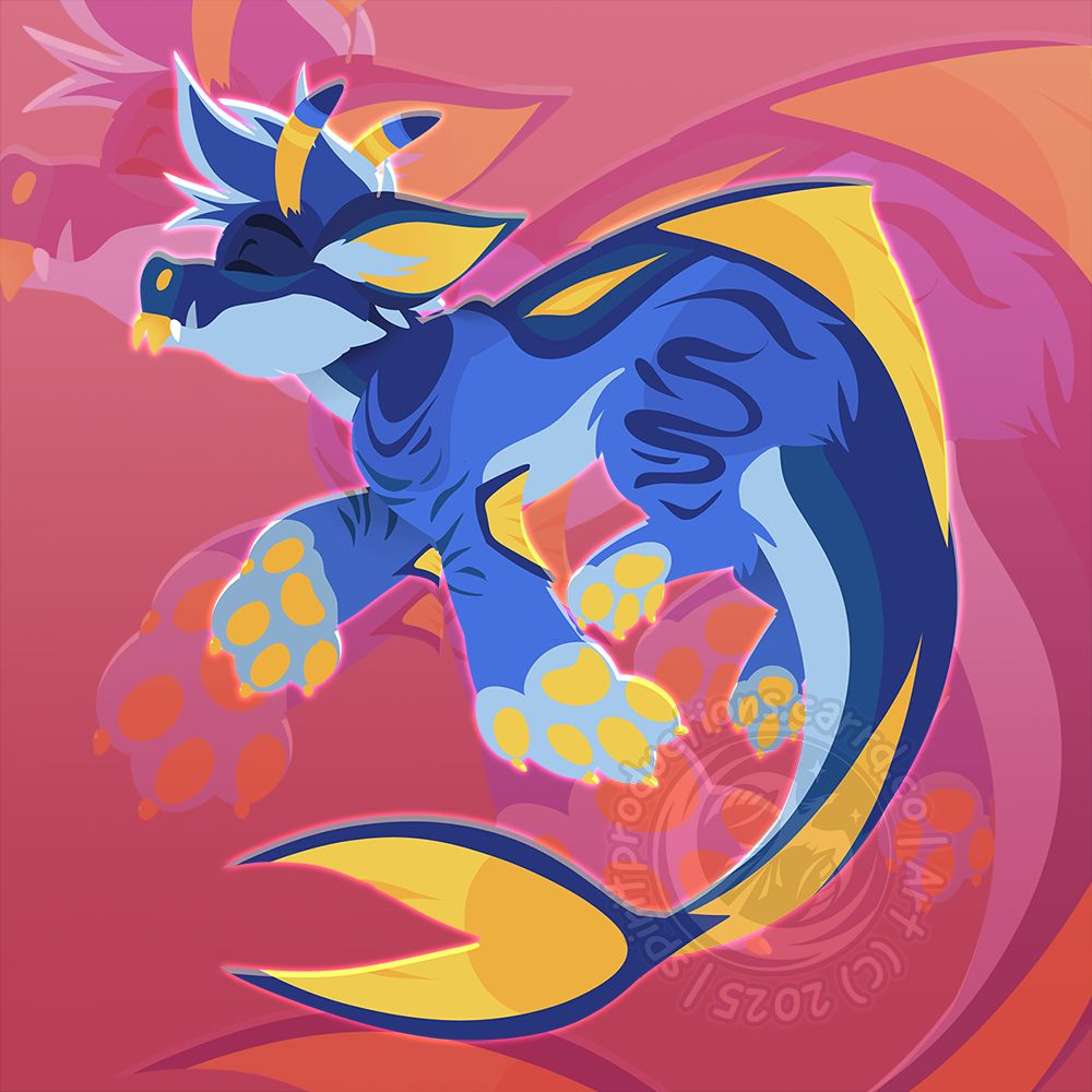 A blue xero with aquatic features seems to float and swim happily with their tongue sticking out on a pink background.