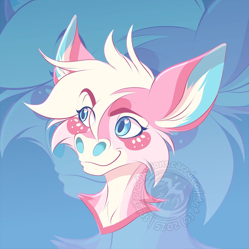 A headshot of a pink alien creature called a "Xero" - their hair is white while the inside of their ears, nose, and eyes are blue. They sit upon a blue background, looking inquisitively to the left with a smug smile.