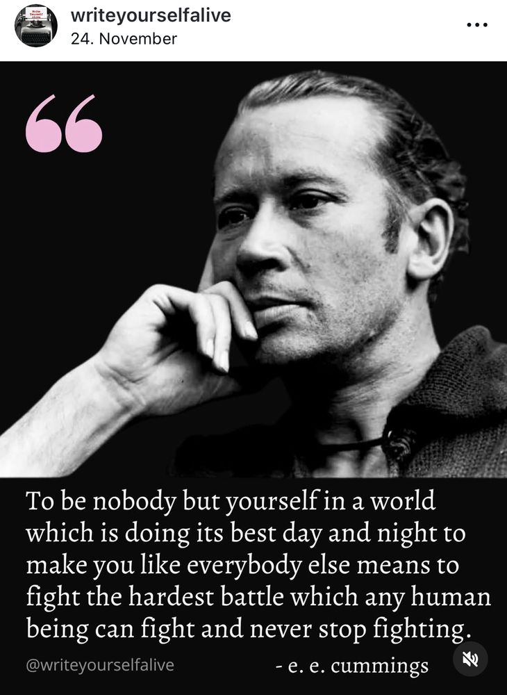 To be nobody but yourself in a world which is doing its best day and night to make you like everybody else means to fight the hardest battle which any human being can fight and never stop fighting.
@writeyourselfalive
- e. e. cummings
