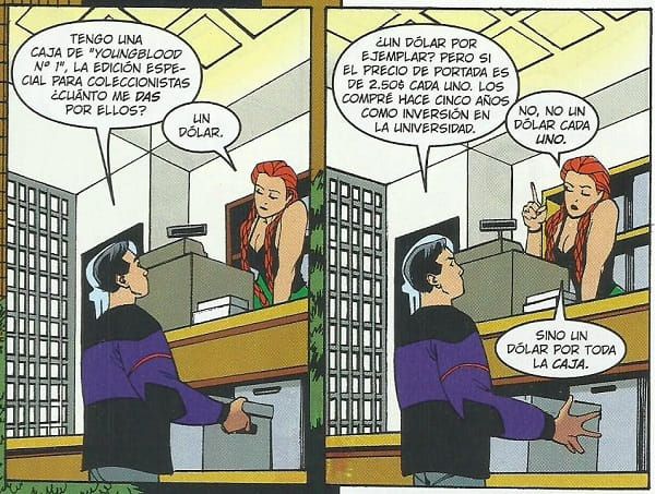 Dos viñetas del Capitán Marvel número 6 del año 2000, en él vemos a un tipo joven con una caja delante de un mostrador. Detrás del mostrador se encuentra Marlo Chandler. El contexto indica que se trata de una tienda de cómics, aunque Chris Chross no haya dibujado ningún cómic -o quizá por eso mismo- y dado que era el año dosmil tampoco ha dibujado ningun funko. En cualquier caso, en las dos viñetas tiene lugar la siguiente conversación:

Él: Tengo una caja de Youngblood número uno, la edición especial para coleccionistas, ¿cuánto me das por ellos?

Marlo: Un dólar.

Él: ¿Un dolar por ejemplar? Pero si el precio de portada es de dos dólares con cincuenta centavos cada uno. Los compré hace cinco años como inversión en la universidad.

Marlo: No, no un dólar cada uno... Sino un dólar por toda LA CAJA.