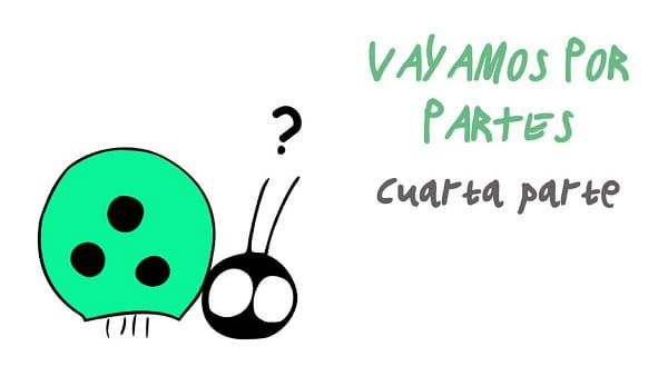 Imagen en la que vemos un dibujo de una mariquita, es de color verde menta. Y hay un signo de interrogación en su cabeza. A la derecha leemos: Vayamos por partes. Cuarta parte. No vamos a poner ningún chiste aquí porque ya los pone Lorzagirl en el libro.
