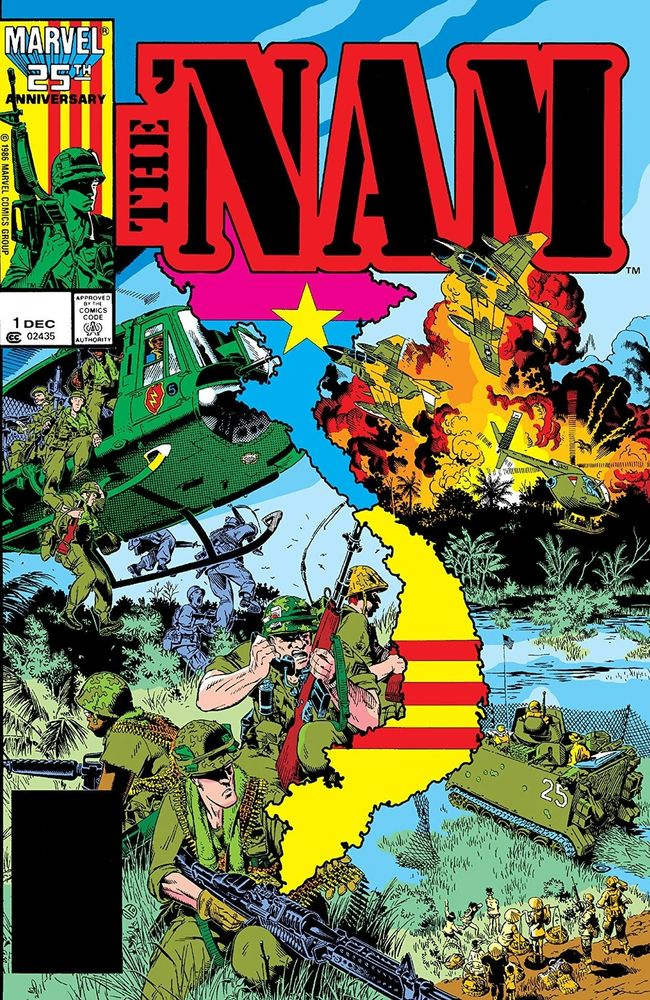 
Portada de The 'Nam 1 en la que vemos lo esperable, un mapa del país con la bandera, en el centro, militares USA bajando de un helicóptero a la izquierda,  helicópteros y explosiones, tanques y campesinos mirando a la derecha. Y el sello de Approved by the Comics Code Authority para que quede claro lo ridículo de todo el asunto.
