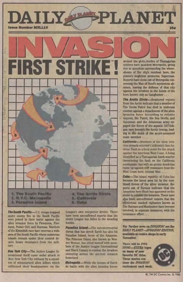 
Página de publicidad de DC imitando la primera plana del Daily Planet en la que vemos que pone a gran tamaño "INVASION First Strike".

Con un mapamundi con flechas de cuáles y por dónde son los ataques, y textos acompañándolos.