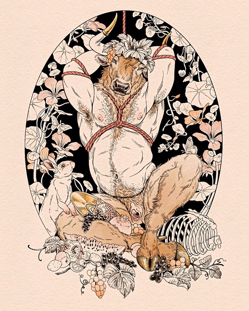 Illustration of a trans masculine Minotaur
Bound in red rope. He is sitting amongst piles of fruit with a field of flowers behind him in a circular frame