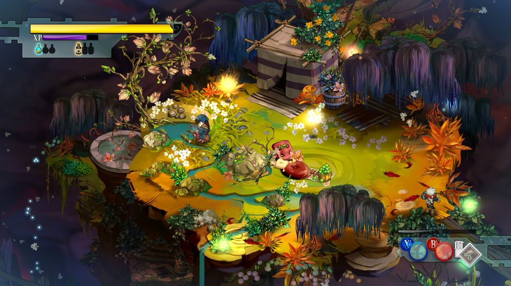 Screenshot from the game Bastion. It showcases a lush plot of land that floats in the sky. The camera view is isometric and looks at beautiful, 2D, hand painted graphics for the different game elements. There is a small pond and next to it a character sits. Her name is Zia and as the player approaches, she is seen singing.
