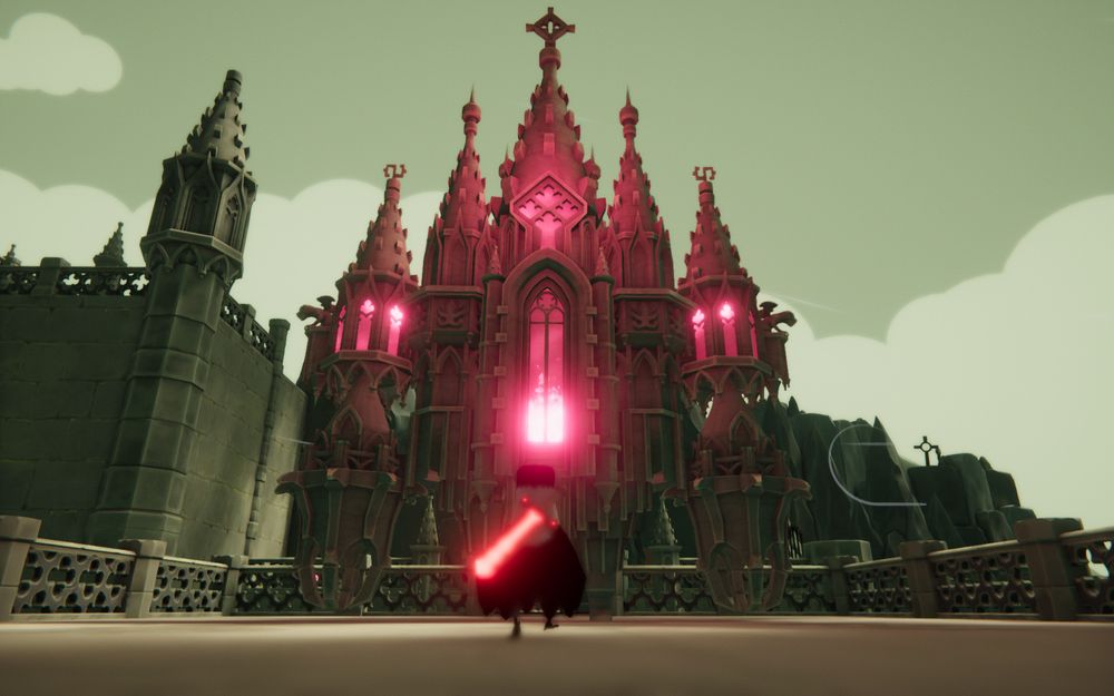 Exterior camera shot from the game Death's Door. It showcases a pastel green hue sky with a bunch of gothic buildings to the front of it. Those are lit in an aggressive red. The color bounces off of the brickwork of the structure. In the middle of the screen is the player. They are blurred, but are seen as a little bird that holds a neon red sword.