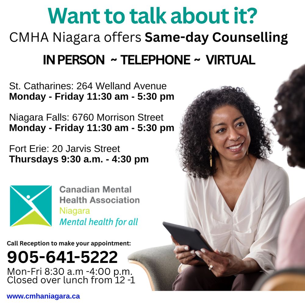 cmha niagara logo and image of two people chatting