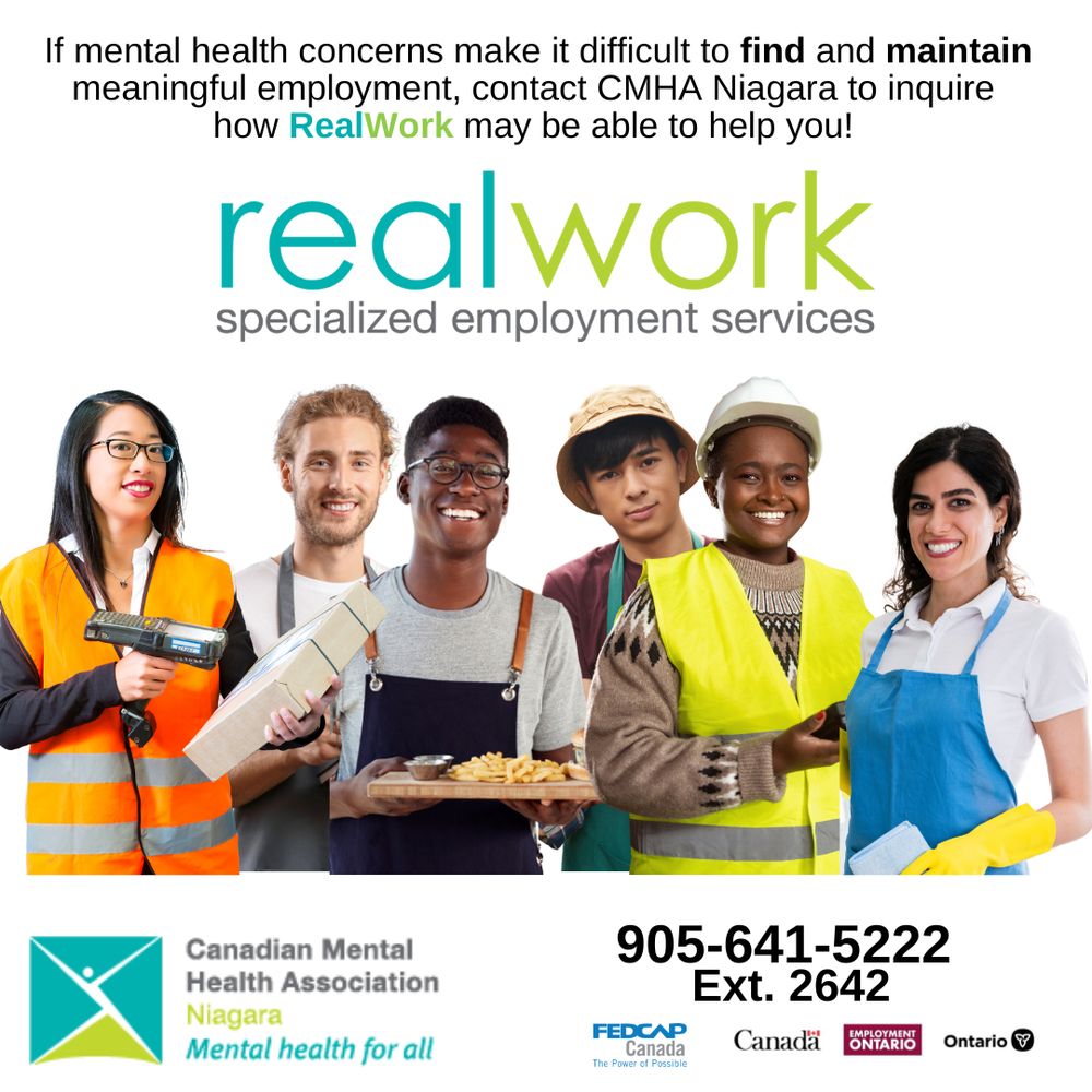 cmha niagara, real work, and funder logos with image of different people in various jobs