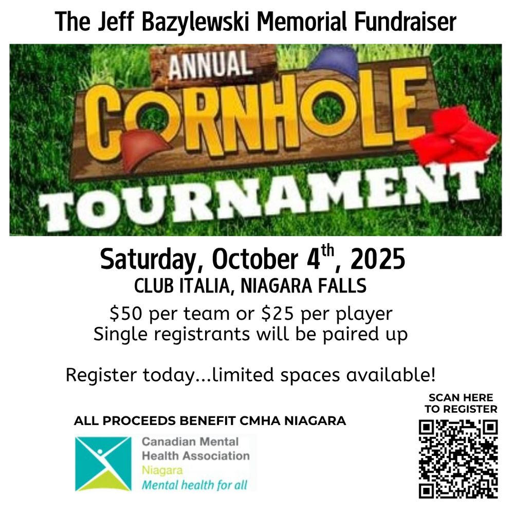 cmha niagara logo, bar code scan, image of cornhole tournament heading