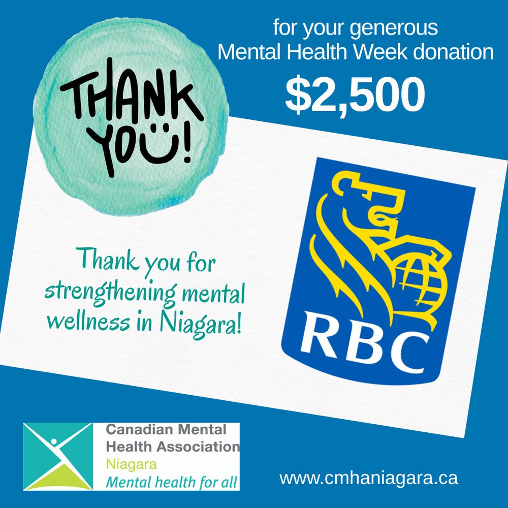 CMHA Niagara (logo) thanks RBC (logo) for $2,500mental health week donation
