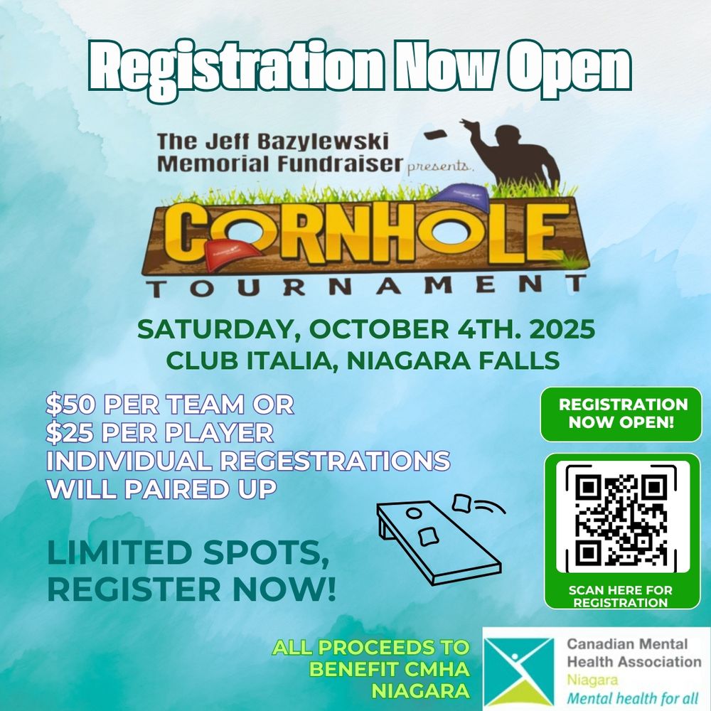 cornhole tournament heading, cmha niagara logo, bar code
