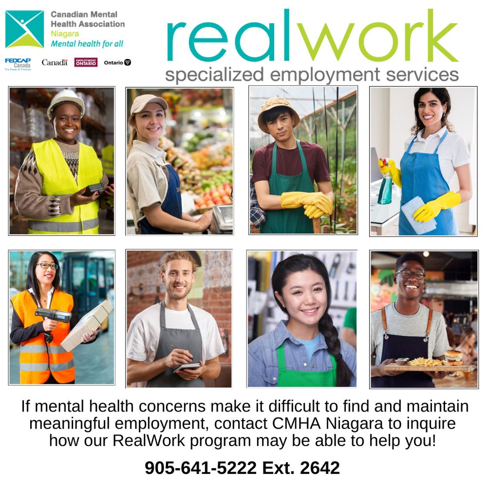 cmha niagara, real work and funder logos and images of different people in various occupations