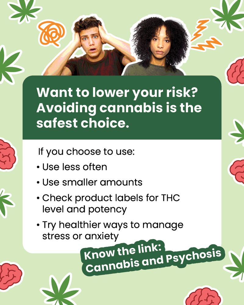 image of 2 people with heading saing avoiding cannabis lowers risk of psychosis, with a list of hints for those who still choose to use